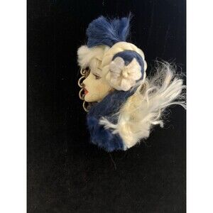 Vintage Flapper Lady Girl Glamour Porcelain Brooch Pin 1980's Blue White